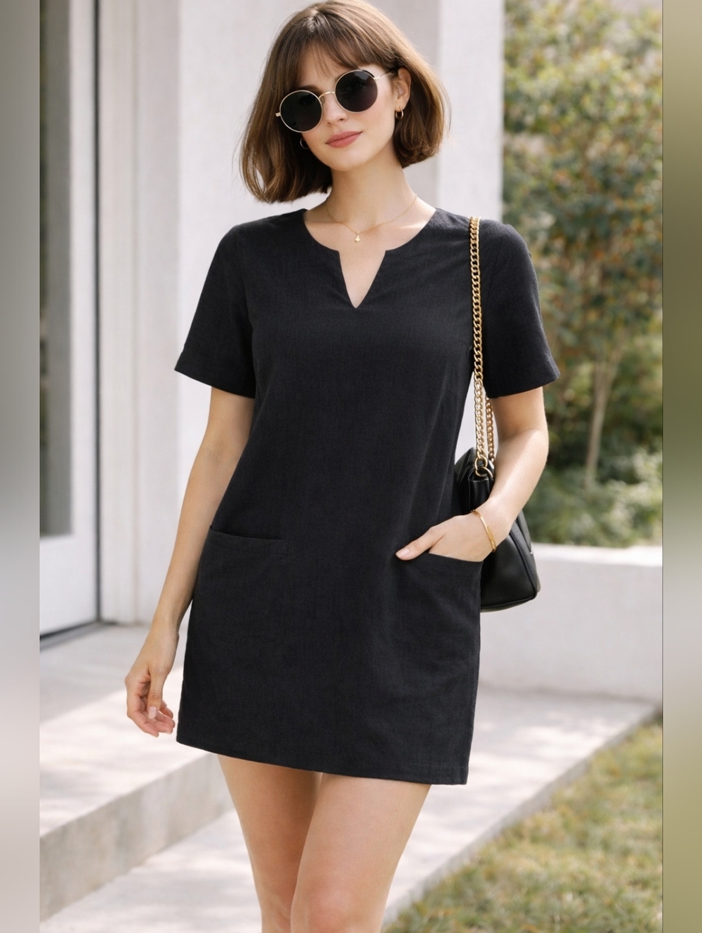 Pinch Black Linen Blend Tunic Dress Medium Minimalist Short Sleeve Pocket Dress